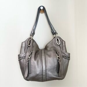 [SOLD] B. MAKOWSKY 100% Pebbled Soft Leather Metallic Silver Shoulder Hobo Bag